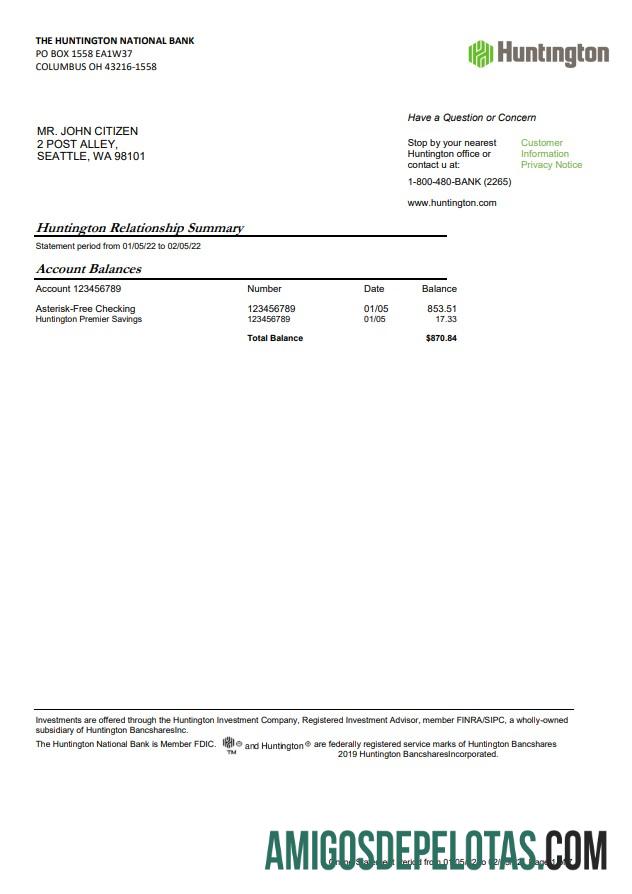 Exemplo de página de 7 páginas do extrato do banco Ohio Huntington dos EUA